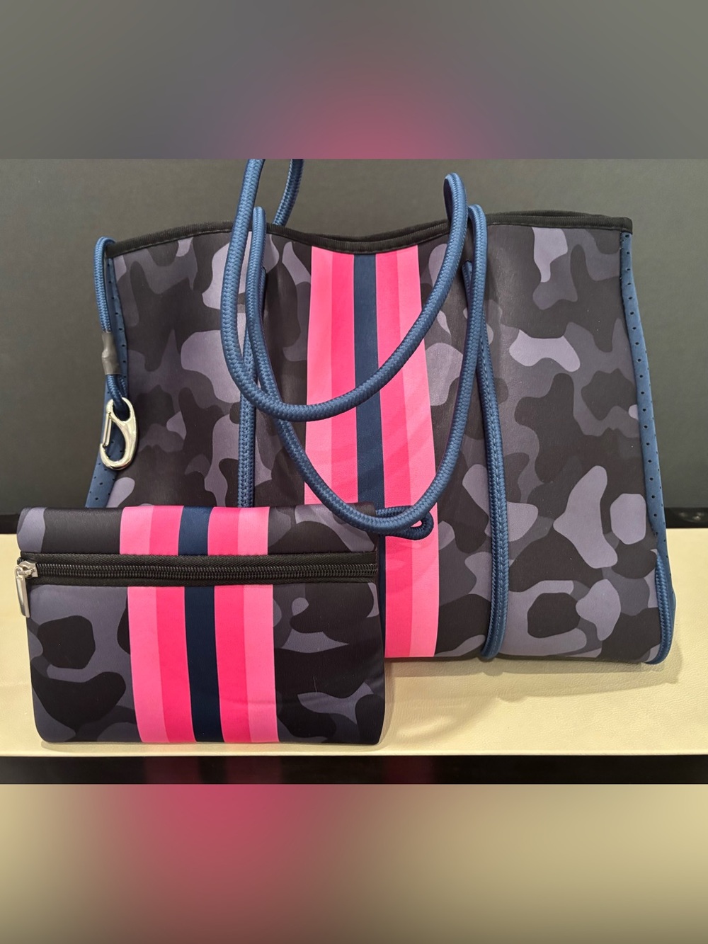 Neoprene Blue Camo Tote with Pink Stripe Accent